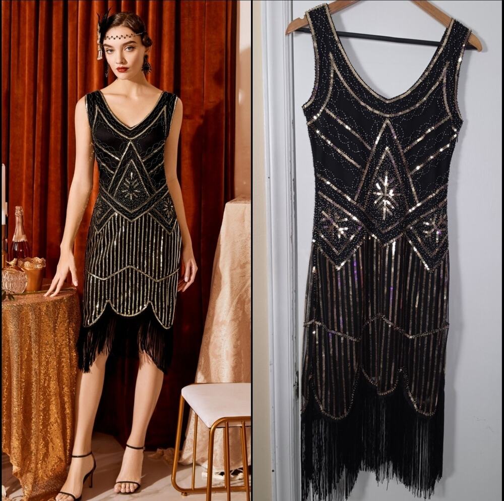 Fundaisy Gold Beaded Flapper Dress S Great Gatsby 1920s Fringe Cocktail Art Deco